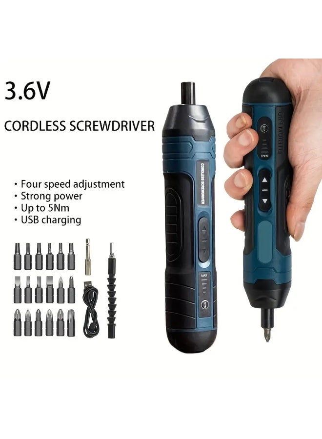 مفك براغي كهربائي لاسلكي، مفك براغي قابل لإعادة الشحن بقوة 3.6 فولت، أقصى عزم دوران 5 نيوتن متر، عزم دوران 4 تروس، إضاءة LED، 20 قطعة، مثالي للاستخدام اليومي والصناعي الخفيف - Image 1