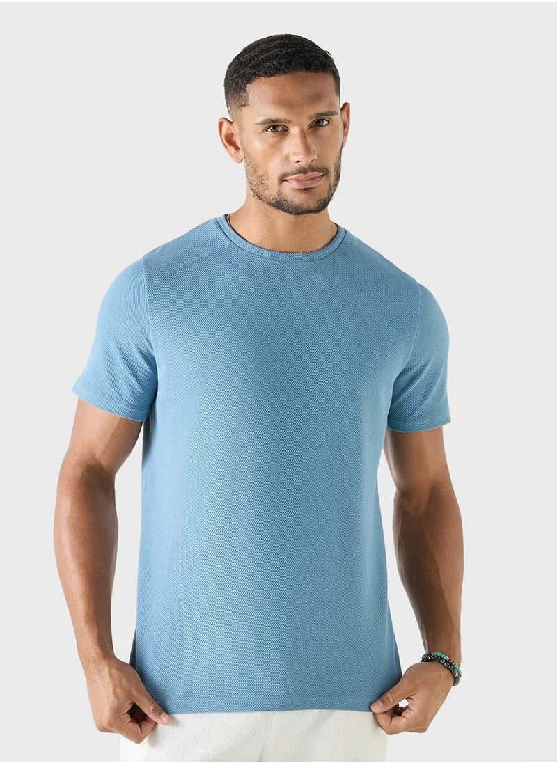 Iconic Iconic Textured T-shirt with Crew Neck and Short Sleeves