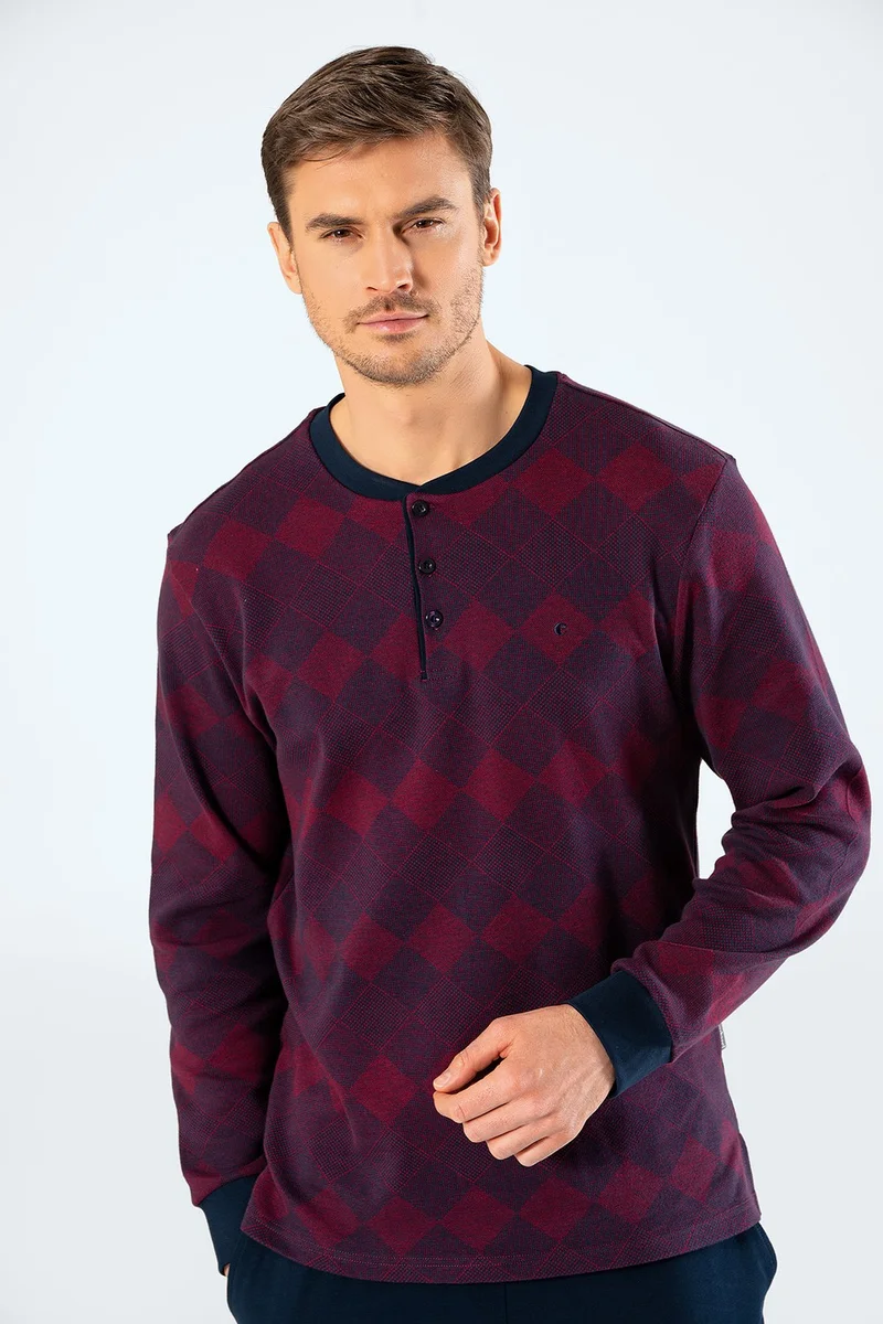 كاشاريل 2195 Men's Jacquard Checkered Plaid Pajamas Set - Claret Red