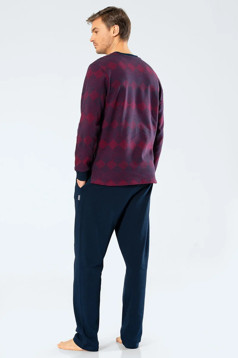 كاشاريل 2195 Men's Jacquard Checkered Plaid Pajamas Set - Claret Red
