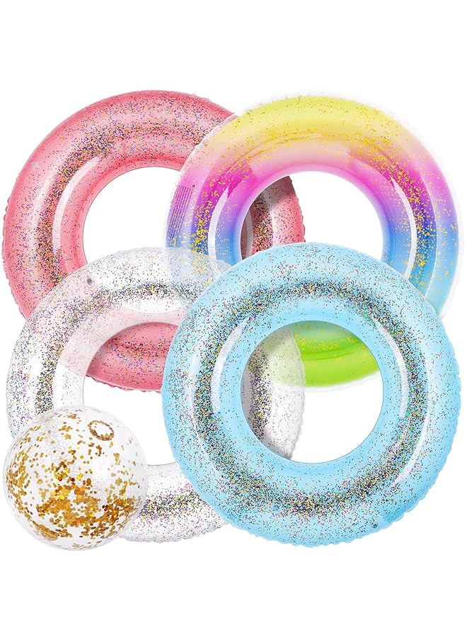 KASTWAVE 6 Packs Inflatable Pool Floats Colorful Sparkling Glitter Swim Rings With Sequined Beach Ball And Pump For Beach Party Supplies - Image 1