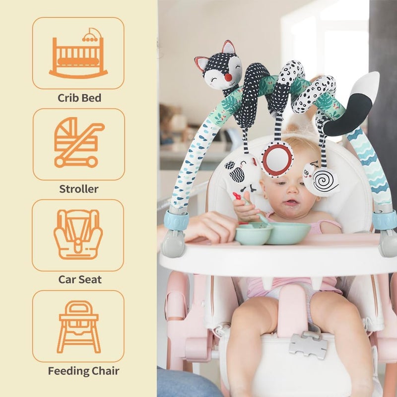 caterbee Baby Arch pram Toys, High-Contrast Black & White with Stretch & Spiral Hanging Activity Set, Adjustable Clamp for Strollers, cots & Car Seats, Includes Rattles, Squeaker & Teether (Fox) - Image 3