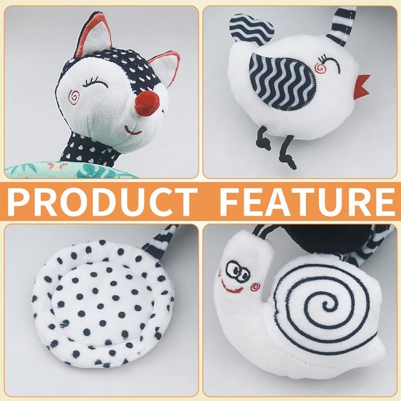 caterbee Baby Arch pram Toys, High-Contrast Black & White with Stretch & Spiral Hanging Activity Set, Adjustable Clamp for Strollers, cots & Car Seats, Includes Rattles, Squeaker & Teether (Fox) - Image 4