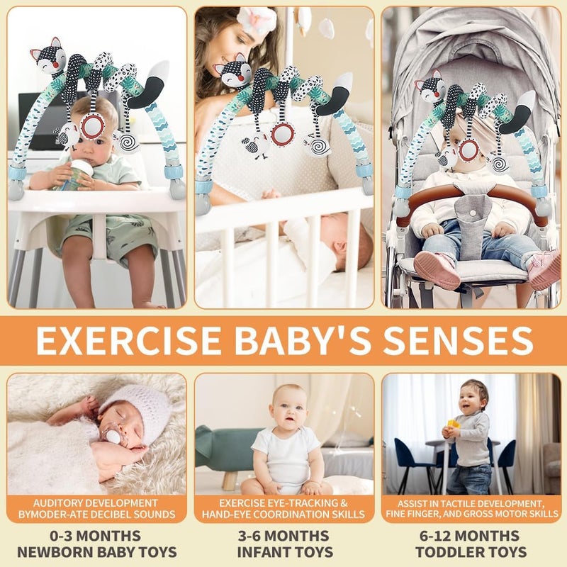 caterbee Baby Arch pram Toys, High-Contrast Black & White with Stretch & Spiral Hanging Activity Set, Adjustable Clamp for Strollers, cots & Car Seats, Includes Rattles, Squeaker & Teether (Fox) - Image 2