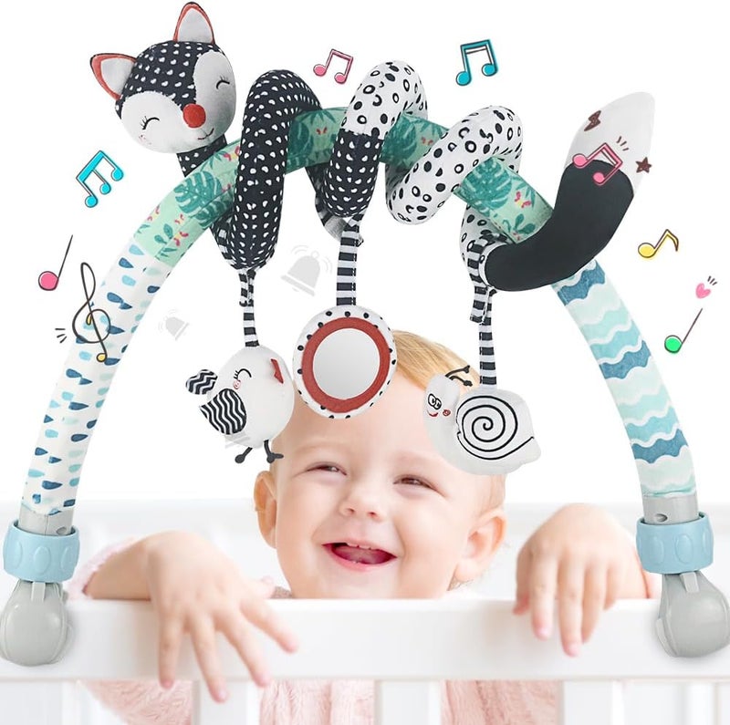 caterbee Baby Arch pram Toys, High-Contrast Black & White with Stretch & Spiral Hanging Activity Set, Adjustable Clamp for Strollers, cots & Car Seats, Includes Rattles, Squeaker & Teether (Fox) - Image 1