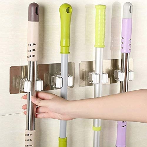 TERXA TERXA Double Mop Holder Self Adhesive Wall Mounted Broom Holder Hanger Clip for Storage Racks Hanging Bathroom Stickers for Mop Rack Cleaning Supplies Pack of 2Multicolor