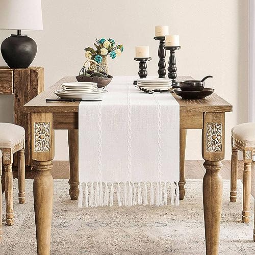 ZeeMart Farmhouse Table Runner Rustic Table Runners 90 Inches Long Linen Boho Table Runner Braided Striped White Table Runner for Dining Party Holiday 15x90 Inches Braided Off White