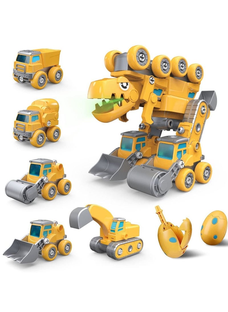 NIBEMINENT - Construction Truck Toys, 5-in-1 Take Apart Dinosaur Transform Vehicles Set with Egg & Screwdriver, Light Sound, Educational STEM Building Toys Gifts for 4+ Year Old Boys Girls - Image 1