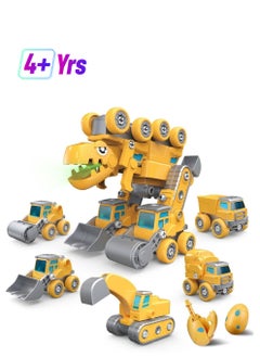 Construction Truck Toys, 5-in-1 Take Apart Dinosaur Transform Vehicles Set with Egg & Screwdriver, Light Sound, Educational STEM Building Toys Gifts for 4+ Year Old Boys Girls