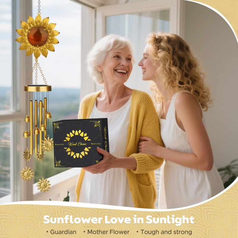 JYPS Solar Wind Chimes with Sunflower LED Lights, 42-Inch Large Waterproof Outdoor Garden Decor for Patio Yard, Unique Gifts for Women Mom Grandma, Mother's Day Christmas Birthday Easy-Install Design - Image 2