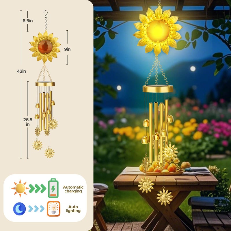 JYPS Solar Wind Chimes with Sunflower LED Lights, 42-Inch Large Waterproof Outdoor Garden Decor for Patio Yard, Unique Gifts for Women Mom Grandma, Mother's Day Christmas Birthday Easy-Install Design - Image 3
