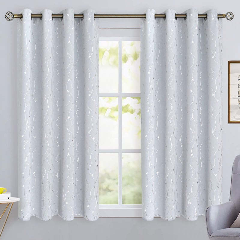 BGment الستائر البيضاء البالغة 45 بوصة الطول 2 لوحات grommet الغرفة المعزولة الحرارية معزول الستائر النافذة مع خط الموجة والنقاط المطبوعة لغرفة النوم 52 × 45 بوصة رمادية بيضاء - Image 2