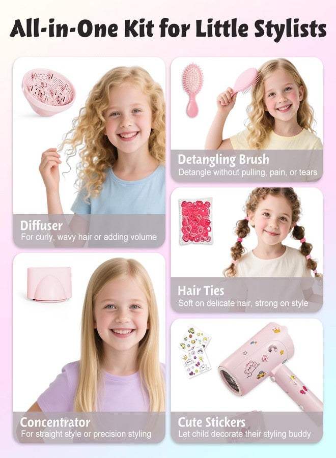 FeeKaa Foldable High Speed Kids Hair Dryer 100 Million Negative Ions, Mini Ionic Travel Kids Blow Dryer with Diffuser Concentrator Detangler Brush Hair Ties Cute Stickers, Compact, Lightweight, Quiet - Image 2