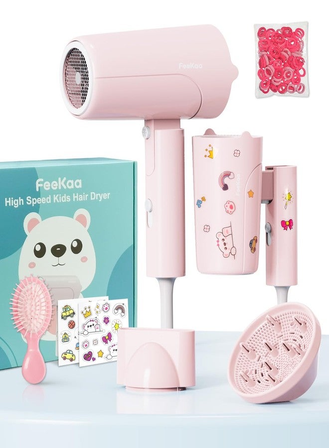 FeeKaa Foldable High Speed Kids Hair Dryer 100 Million Negative Ions, Mini Ionic Travel Kids Blow Dryer with Diffuser Concentrator Detangler Brush Hair Ties Cute Stickers, Compact, Lightweight, Quiet - Image 1