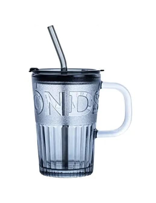 RIOMTRIC Glass Tumbler with Lid and Straw 435ml Glass Cup with Handle Glass Cocktail Mugs for Straw and Direct Drinking Mouth Dual Use Summer Travel Sipper Black1 - Image 1