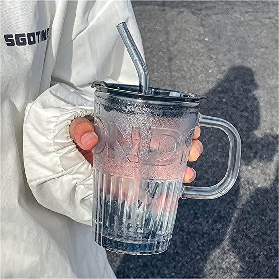 RIOMTRIC Glass Tumbler with Lid and Straw 435ml Glass Cup with Handle Glass Cocktail Mugs for Straw and Direct Drinking Mouth Dual Use Summer Travel Sipper Black1 - Image 5