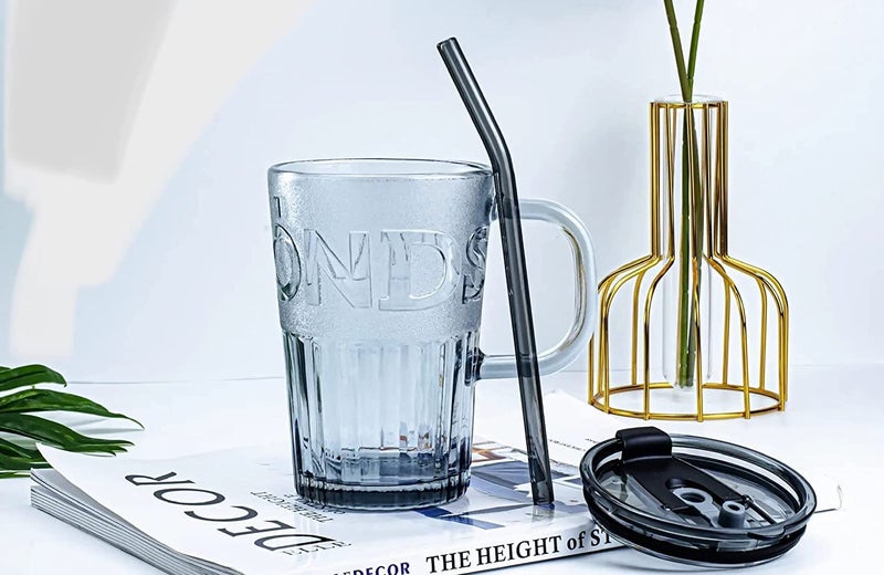 RIOMTRIC Glass Tumbler with Lid and Straw 435ml Glass Cup with Handle Glass Cocktail Mugs for Straw and Direct Drinking Mouth Dual Use Summer Travel Sipper Black1 - Image 3