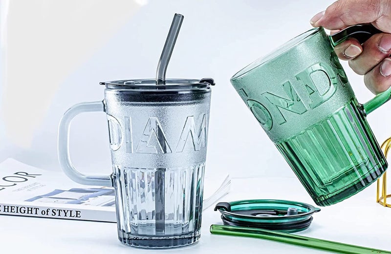 RIOMTRIC Glass Tumbler with Lid and Straw 435ml Glass Cup with Handle Glass Cocktail Mugs for Straw and Direct Drinking Mouth Dual Use Summer Travel Sipper Black1 - Image 4