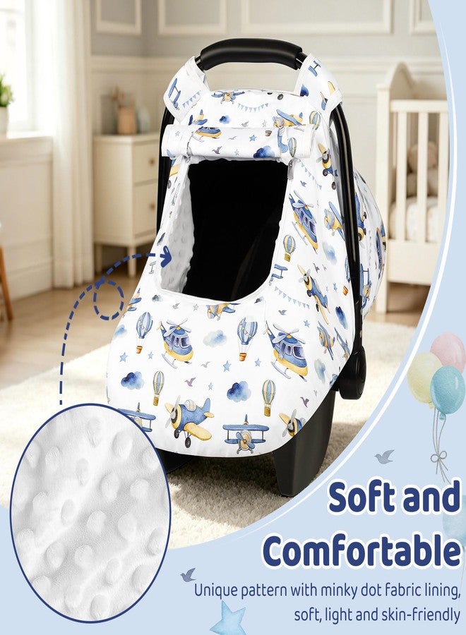 WINGHENLEE Car Seat Cover Baby Boys Girls, Infant Carseat Canopy for Newborn with Breathable Mesh Peep Windows, Ultra Soft Windproof Baby Carseat Covers for All Seasons, Blue Airplane - Image 3