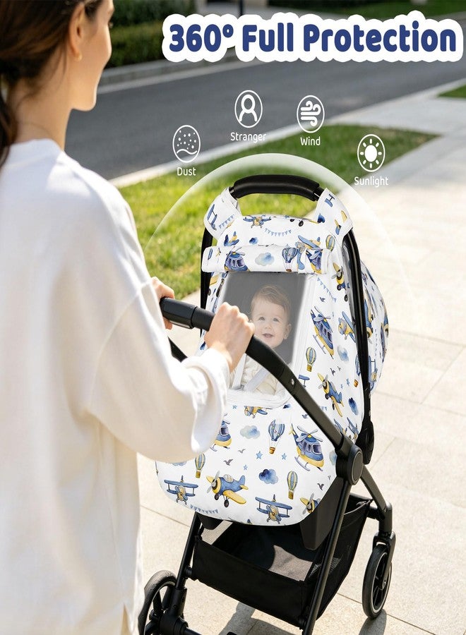 WINGHENLEE Car Seat Cover Baby Boys Girls, Infant Carseat Canopy for Newborn with Breathable Mesh Peep Windows, Ultra Soft Windproof Baby Carseat Covers for All Seasons, Blue Airplane - Image 5