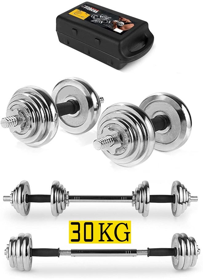 2-in-1 barbell dumbbell set, dumbbell set with adjustable weights, 30 kg, silver 