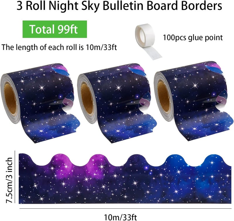 AWIZOM 99 Feet Starry Sky Bulletin Board Border 3 Rolls Dark Stars Scalloped Borders Trim Night Sky Classroom Bulletin Board Border Trim for Back to School Chalkboard Whiteboard Decorations - Image 2
