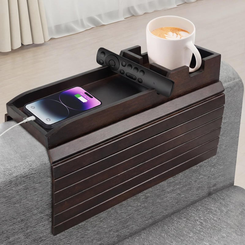Dumbpec Foldable Bamboo Couch Arm Tray with Cup Holder - Anti-Slip Sofa Armrest Organizer for Drinks, Snacks, Remotes, Phones & More - Eco-Friendly Home Decor Gift (Brown) - Image 1