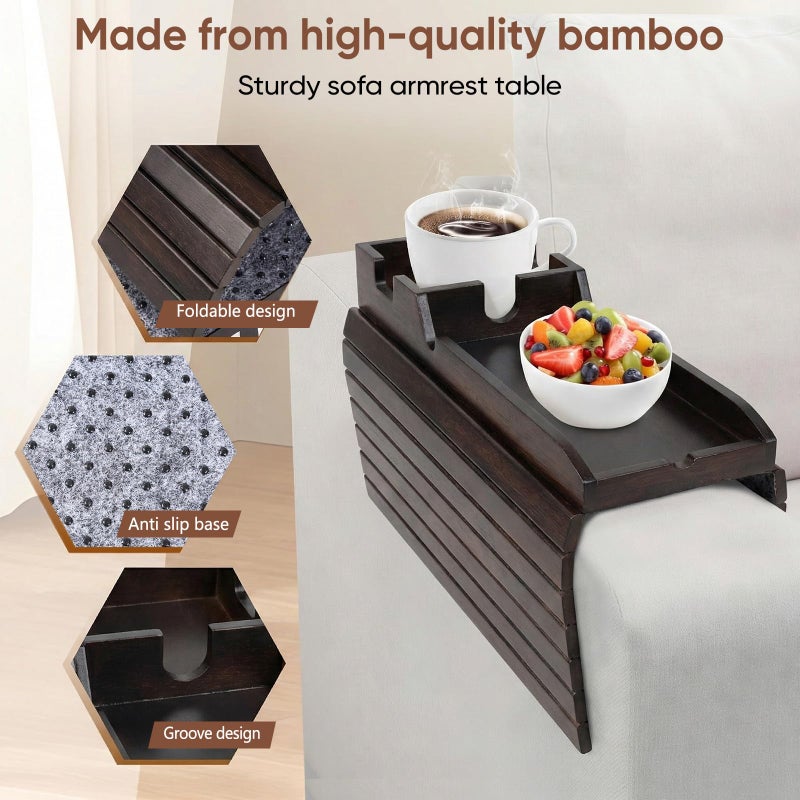 Dumbpec Foldable Bamboo Couch Arm Tray with Cup Holder - Anti-Slip Sofa Armrest Organizer for Drinks, Snacks, Remotes, Phones & More - Eco-Friendly Home Decor Gift (Brown) - Image 3