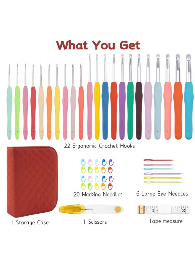 BsHooker Bs 22 Sizes Crochet Hooks Set with Storage Case,0.5mm-10mm Crochet Hooks with Ergonomic Soft Handle for Arthritic Hands,Crochet Kit for Beginners,Red - Image 2
