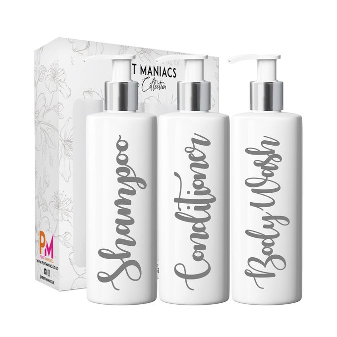 3 SET MRS HINCH INSPIRED WHITE PERSONALISED DISPENSER PUMP BOTTLES SHAMPOO CONDITIONER BODY WASH GREY