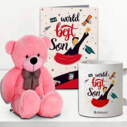 Jhingalala Jhingalala Gift for Son Teddy Bear with Worlds Best Son Printed Coffee Mug and Greeting Card Combo Gifts for Son Birthday Special