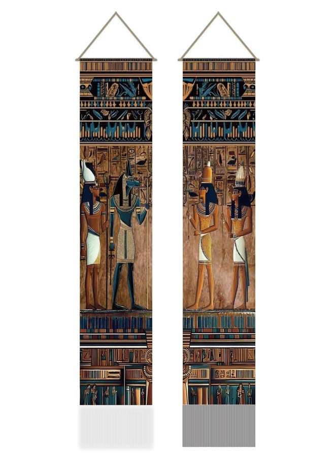 نسيج جداري مصري قديم مكون من قطعتين من AHANDMAKER، يصور الديانة المصرية القديمة والأساطير التاريخية والفراعنة، نسيج معلق بشرابة هيروغليفية لغرفة النوم وغرفة المعيشة وديكور المنزل (45.7 × 13 بوصة). - Image 1