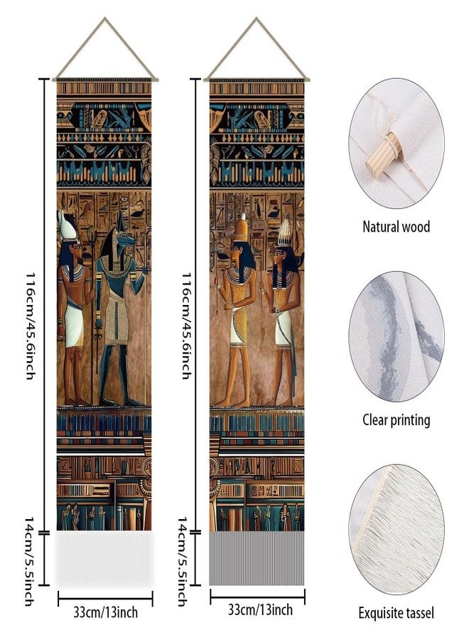 نسيج جداري مصري قديم مكون من قطعتين من AHANDMAKER، يصور الديانة المصرية القديمة والأساطير التاريخية والفراعنة، نسيج معلق بشرابة هيروغليفية لغرفة النوم وغرفة المعيشة وديكور المنزل (45.7 × 13 بوصة). - Image 3