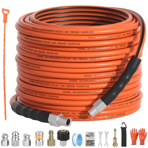 SITIMIMIL Sewer Jetter Kit for Pressure Washer 100FT,5800psi Drain Cleaner Hose 1/4 Inch Npt Corner, with 5 Sewer Jetting Nozzles Sealing Tape Pearl Corsage Pin Spanner Glove Drain Snake - Image 1