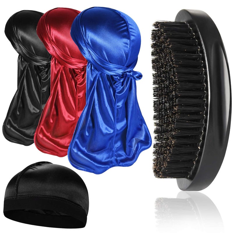 3pcs Silky Durag with Wave Brush for Men 360 Curved MediumHard Hair Brush KitsB