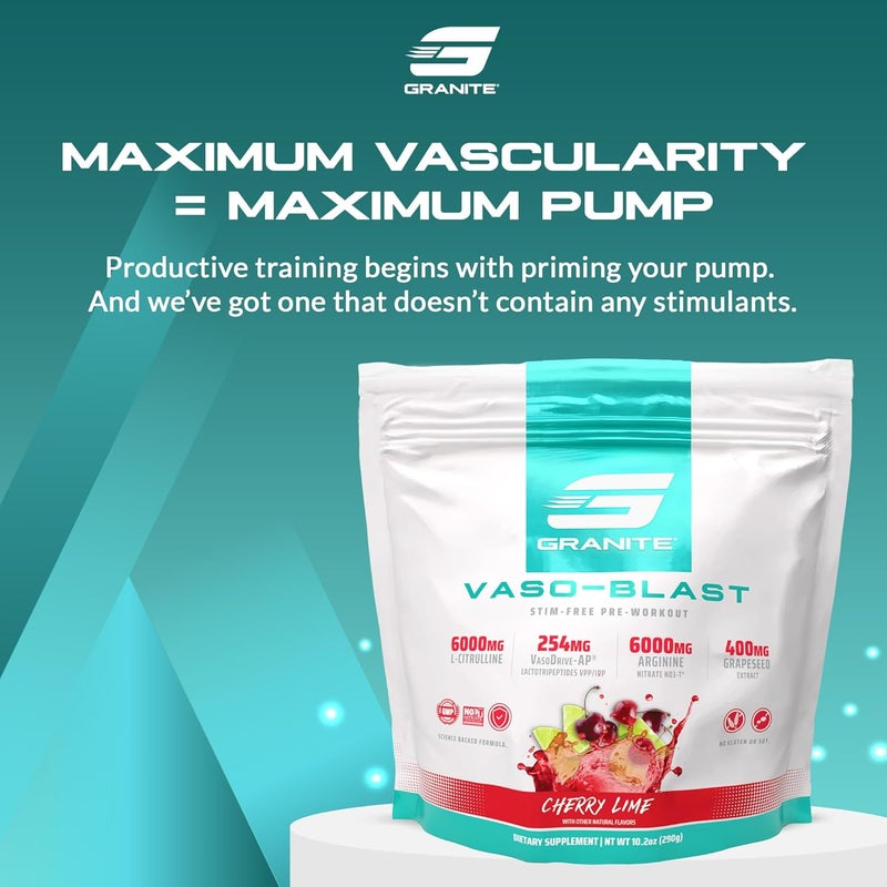 Granite Supplements Vaso Blast Cherry Lime Flavor StimulantFree Pre Workout for Men  Women with Grapeseed Extract Arginine Nitrite  VasoDriveAP for Max Pump 20 Servings - Image 2