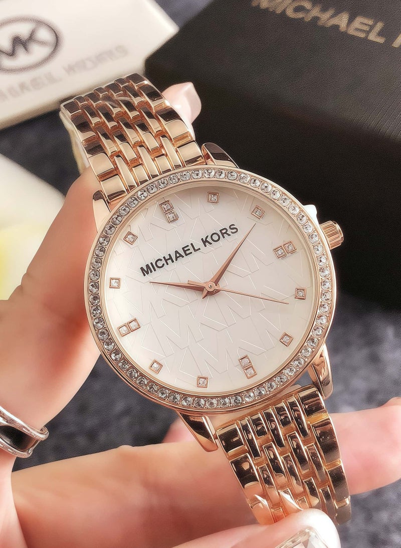 MK Michael Kors MK Classic Men's and Women's Fashion Multi functional Alloy Round Quartz Watch Stainless Steel Strap 35CM - Image 1