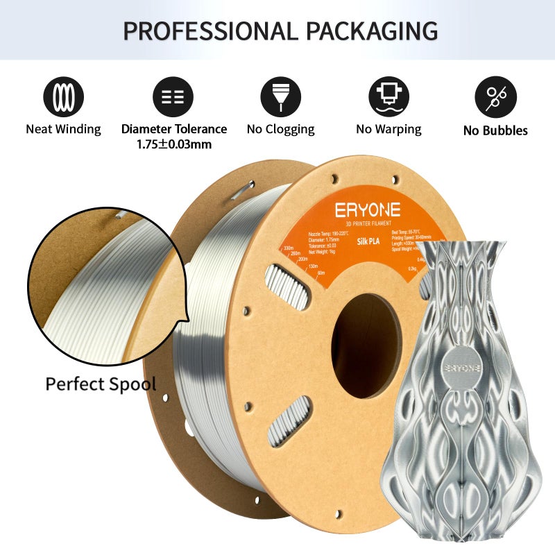 ERYONE Silk PLA Filament for 3D Printer, 1.75mm +/- 0.03mm, 1kg (2.1LBS)/Spool, Silk Silver - Image 4