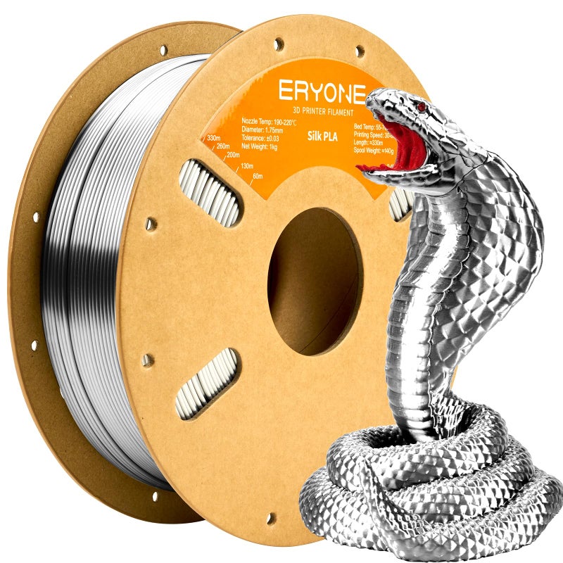 ERYONE Silk PLA Filament for 3D Printer, 1.75mm +/- 0.03mm, 1kg (2.1LBS)/Spool, Silk Silver - Image 1