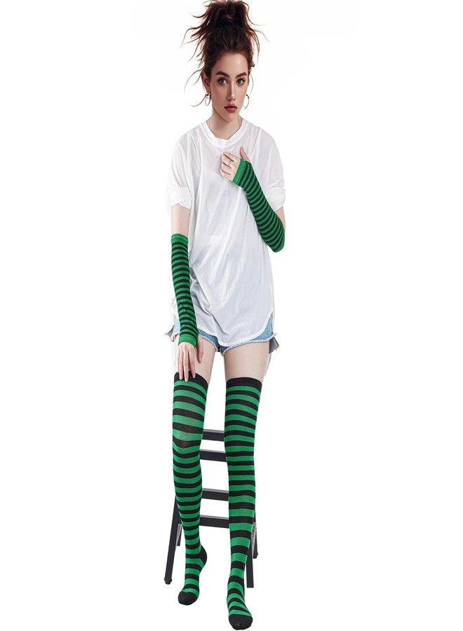 Tongcloud Women's Striped Knee High Socks, Over Knee Thigh High Socks, Arm Warmer and Fingerless Gloves Set, Black and Green, Adult ARM Sleeve：14x3inches Sock:20.5inches - Image 4