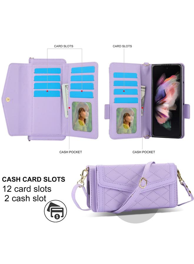 S-TOP Case For Samsung Galaxy Z Fold3 5G Splicing Rhombic Texture Card Holder Phone Case with Lanyard, Not Included Pen - Image 2