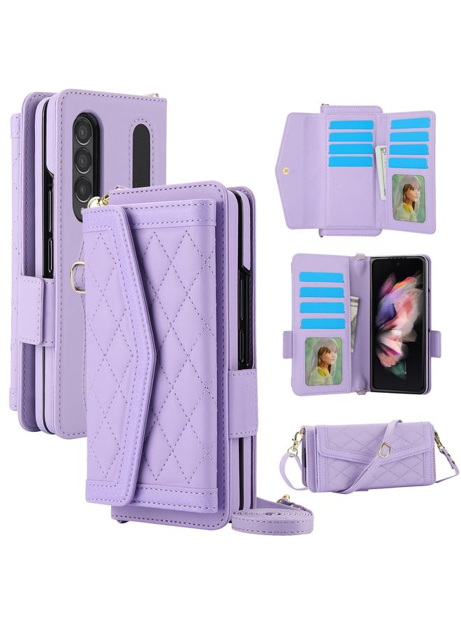 S-TOP Case For Samsung Galaxy Z Fold3 5G Splicing Rhombic Texture Card Holder Phone Case with Lanyard, Not Included Pen - Image 1