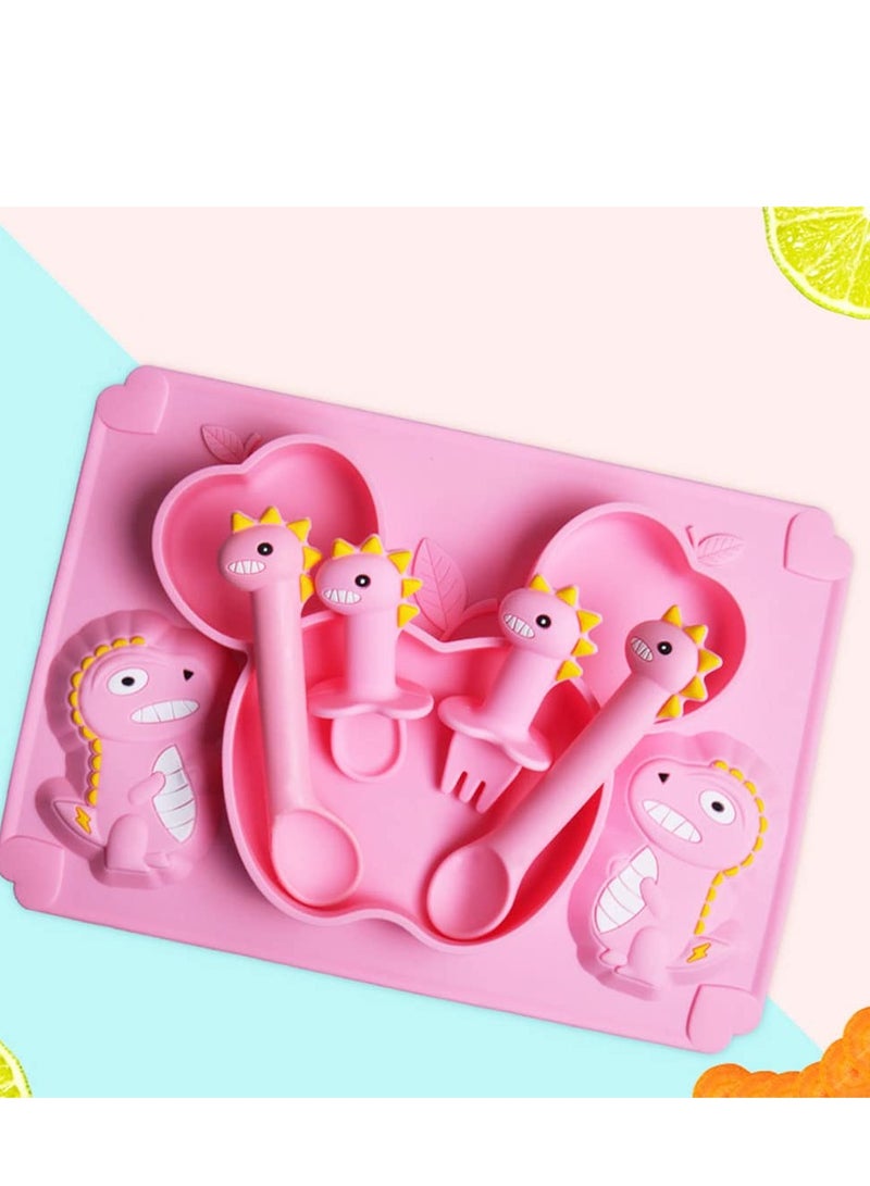 Toddler Baby Plates Silicone Divided Cartoon, Silicone Toddlers Divided Placemat for Kids, Non-Slip Baby Feeding Weaning Plate, Dishwasher  Microwave Safe(Dinosaur Pink) - Image 4