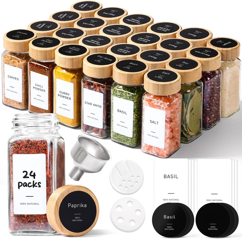 ComSaf 4 oz 24Pcs Glass Spice Jars with Labels, Empty Spice Containers with Bamboo Lids, Square Seasoning Containers with Metal Funnel, Small Seasoning Bottles for Salt, Herbs, Sugar, Pepper - Image 1
