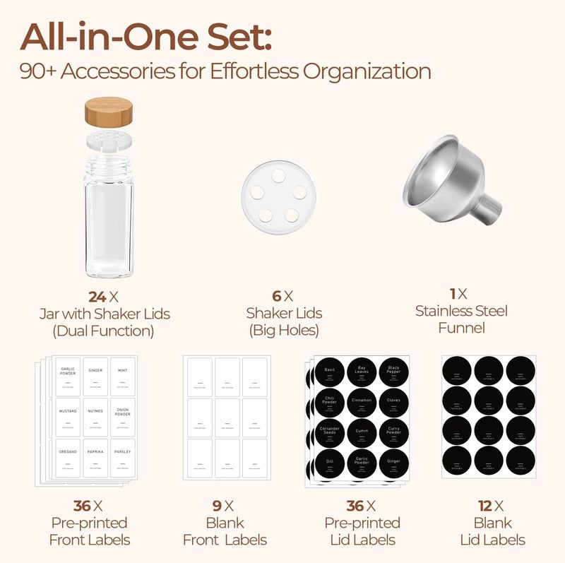 ComSaf 4 oz 24Pcs Glass Spice Jars with Labels, Empty Spice Containers with Bamboo Lids, Square Seasoning Containers with Metal Funnel, Small Seasoning Bottles for Salt, Herbs, Sugar, Pepper - Image 3