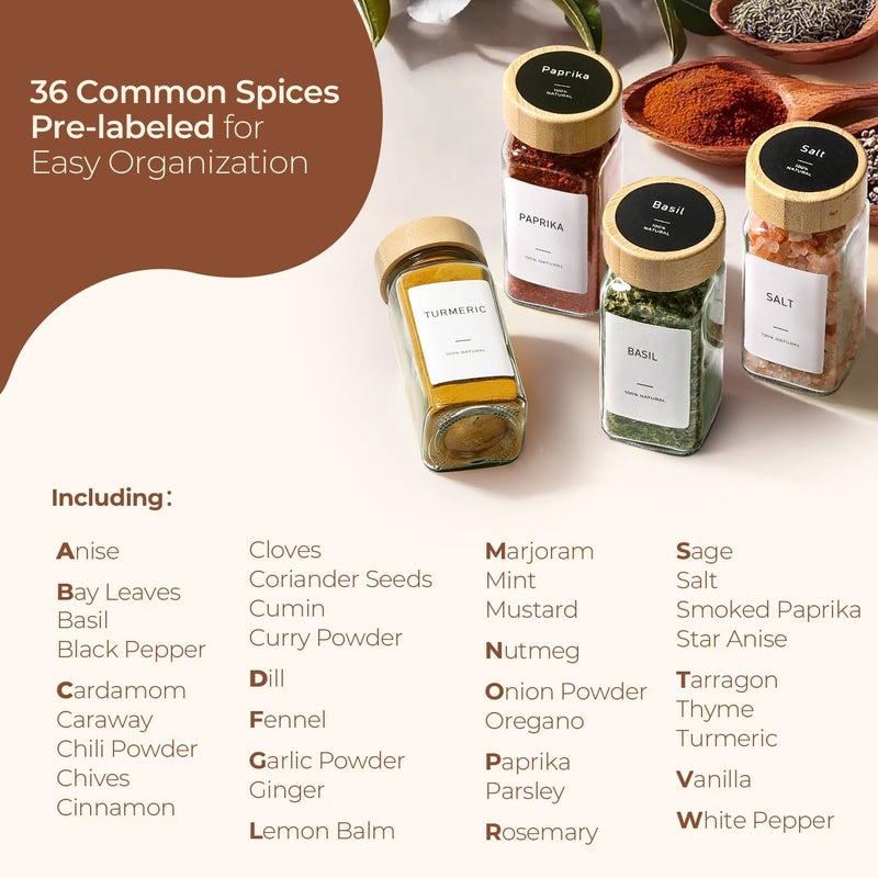 ComSaf 4 oz 24Pcs Glass Spice Jars with Labels, Empty Spice Containers with Bamboo Lids, Square Seasoning Containers with Metal Funnel, Small Seasoning Bottles for Salt, Herbs, Sugar, Pepper - Image 2