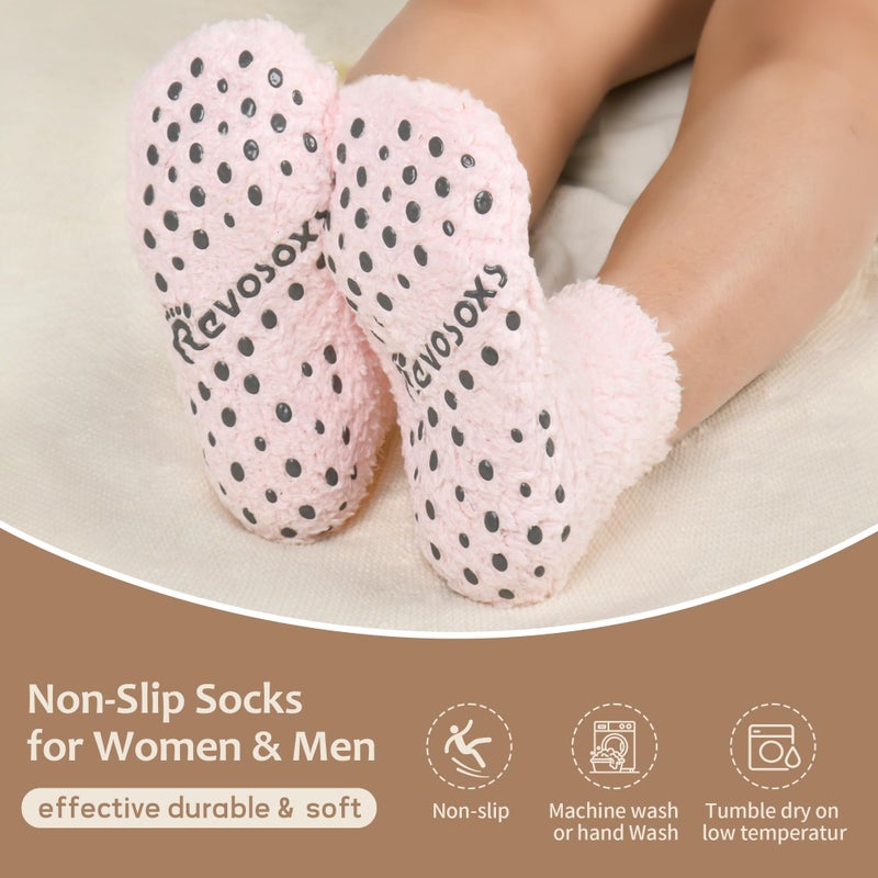 Revosoxs Fuzzy Grip Socks for Women Men,Thick Warm Slipper Cozy Fluffy Non Slip Ankle Hospital socks With Grips.(Grey+Black+Brown+Light Grey - Image 2