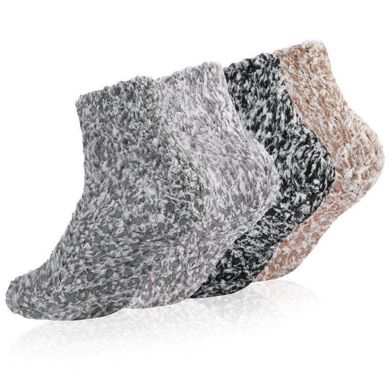Revosoxs Fuzzy Grip Socks for Women Men,Thick Warm Slipper Cozy Fluffy Non Slip Ankle Hospital socks With Grips.(Grey+Black+Brown+Light Grey - Image 1