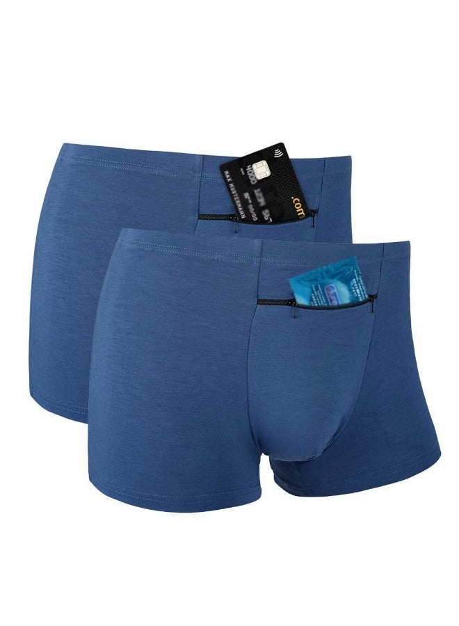 Men's Boxer Briefs with Hidden Pocket, 2 Pack Travel Underwear for Secure Storage, Comfortable Fit in Blue - Image 1