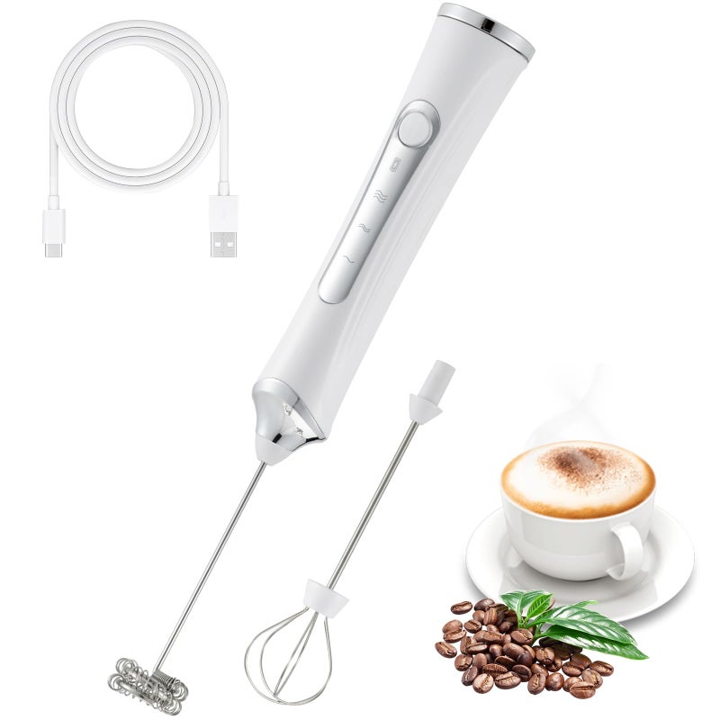 Freebala Handheld Electric Milk Frother With 2 Heads  Coffee Whisk Foam Mixer With Usb Rechargeable 3 Speeds  Foam Maker Blender For Latte  Cappuccino  Hot Chocolate  Egg (White) - Image 1